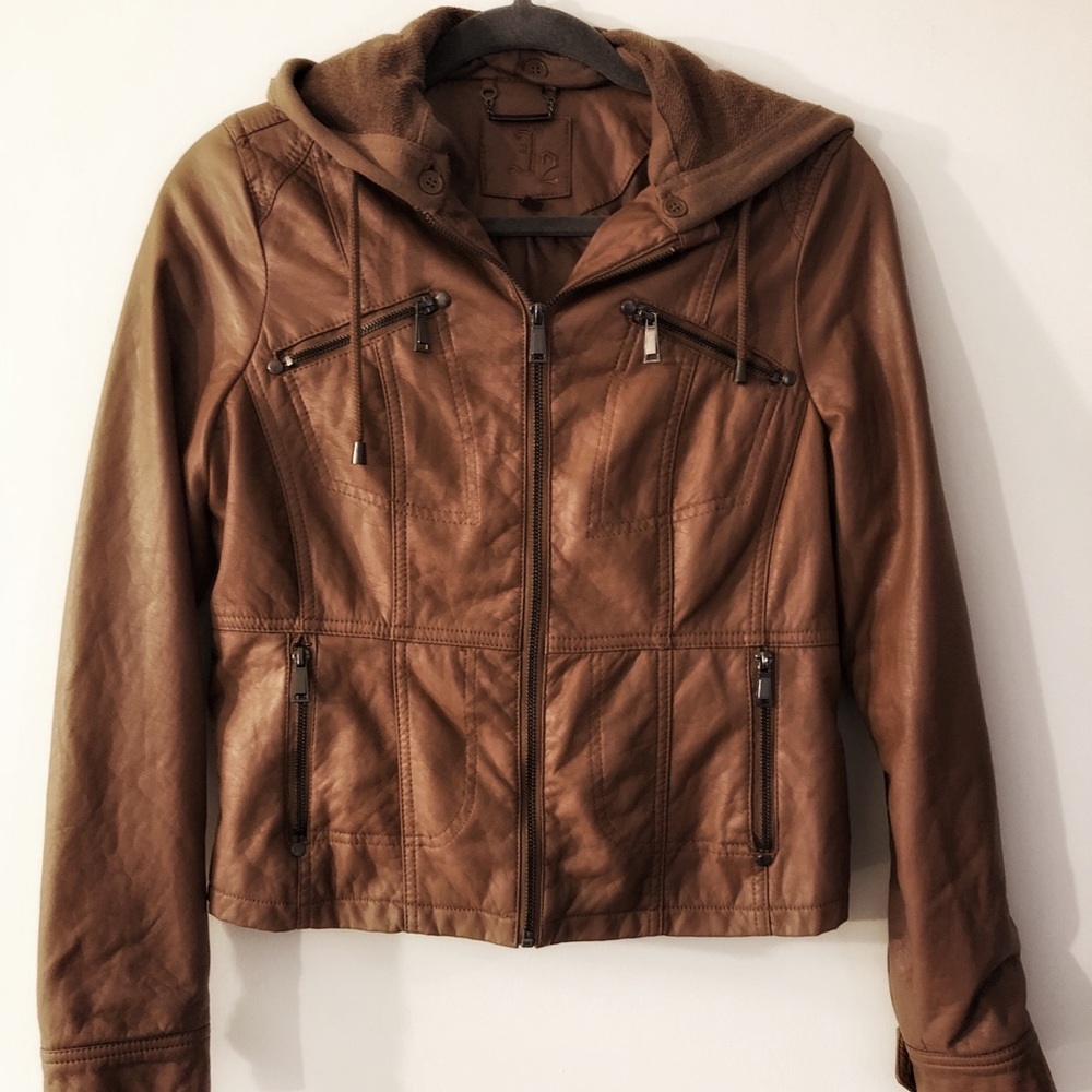Chestnut Faux Leather Jacket with Removable Hood